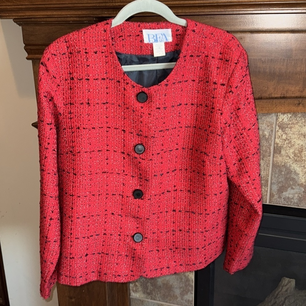 Red vintage red black tweed chic sophisticated blazer career office work size 14